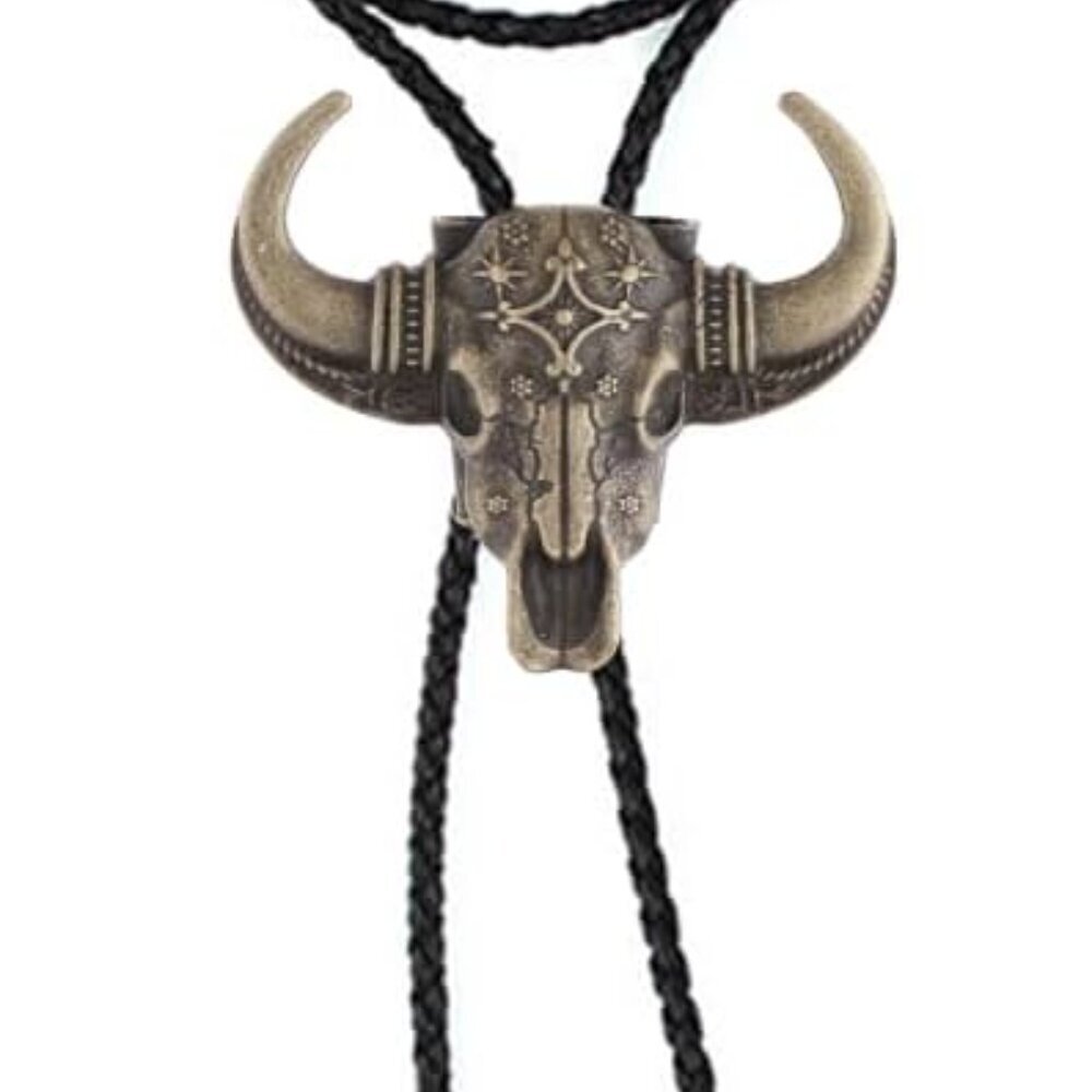 Longhorn Bull Bolo Tie for Men Native American Western Cowboy Leather Necktie Bo - Picture 3 of 6
